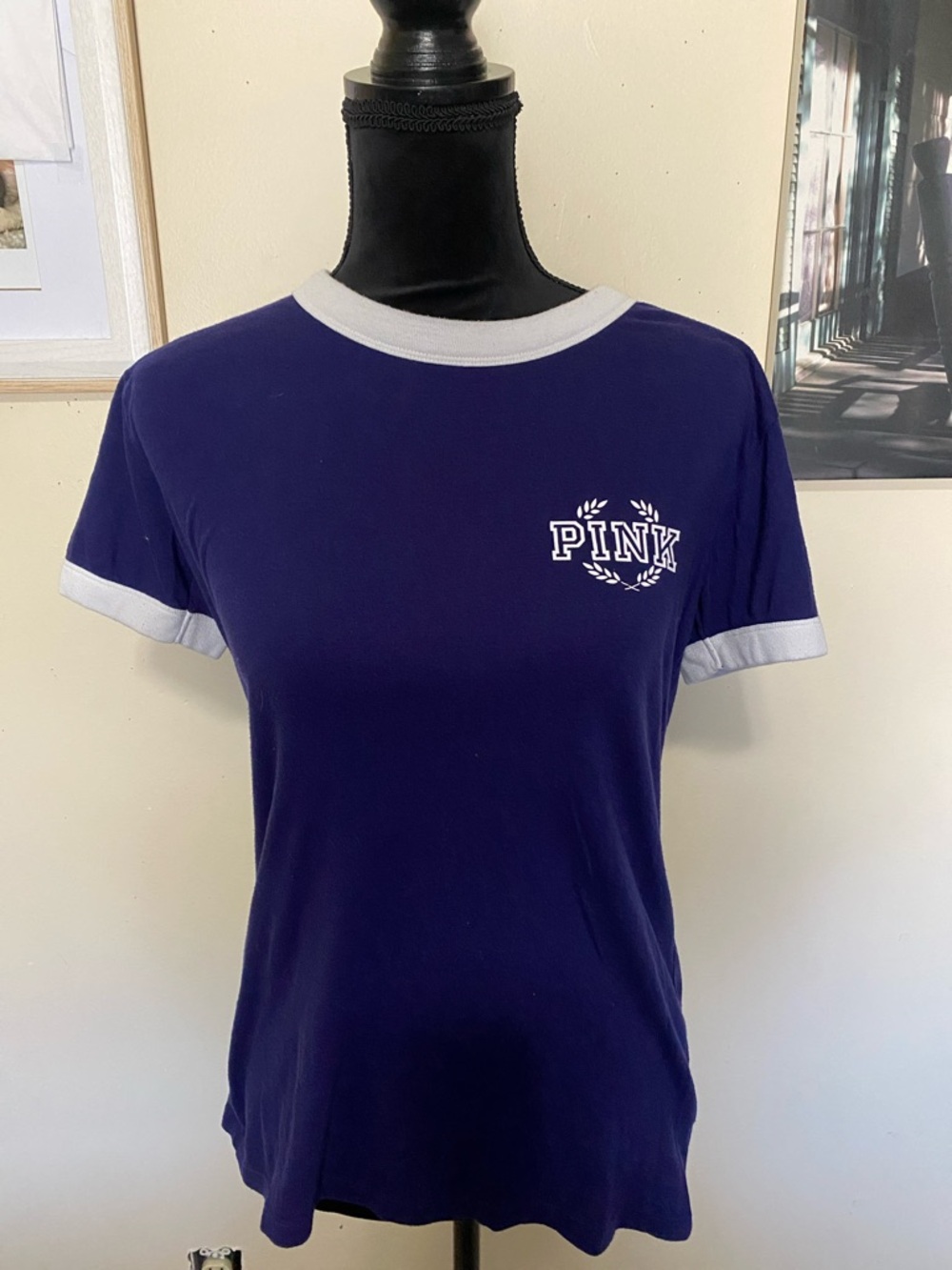 PINK Baseball Navy Ringer Tee with White Trim